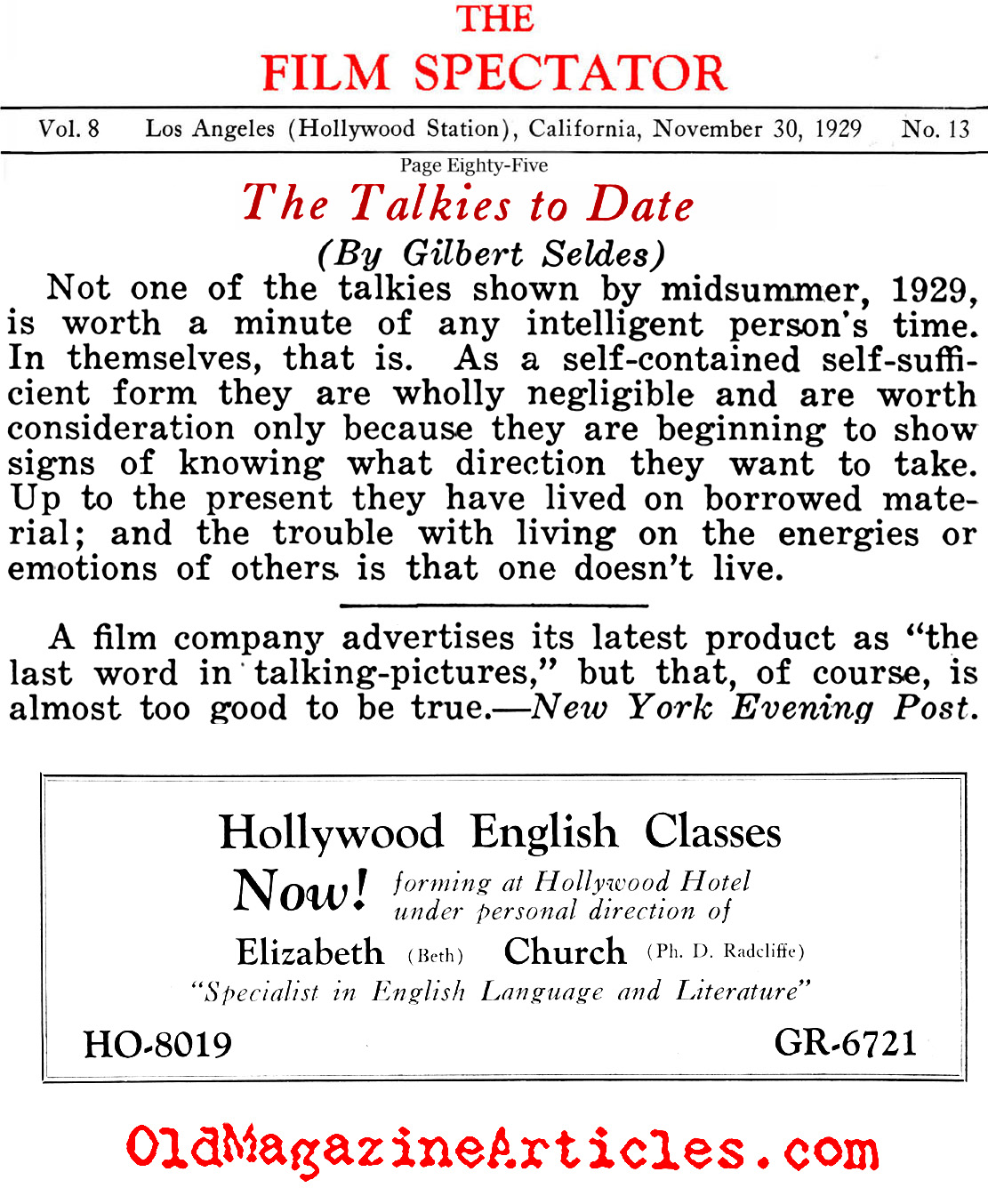 Talking Pictures Fail to Impress (Film Spectator, 1929)